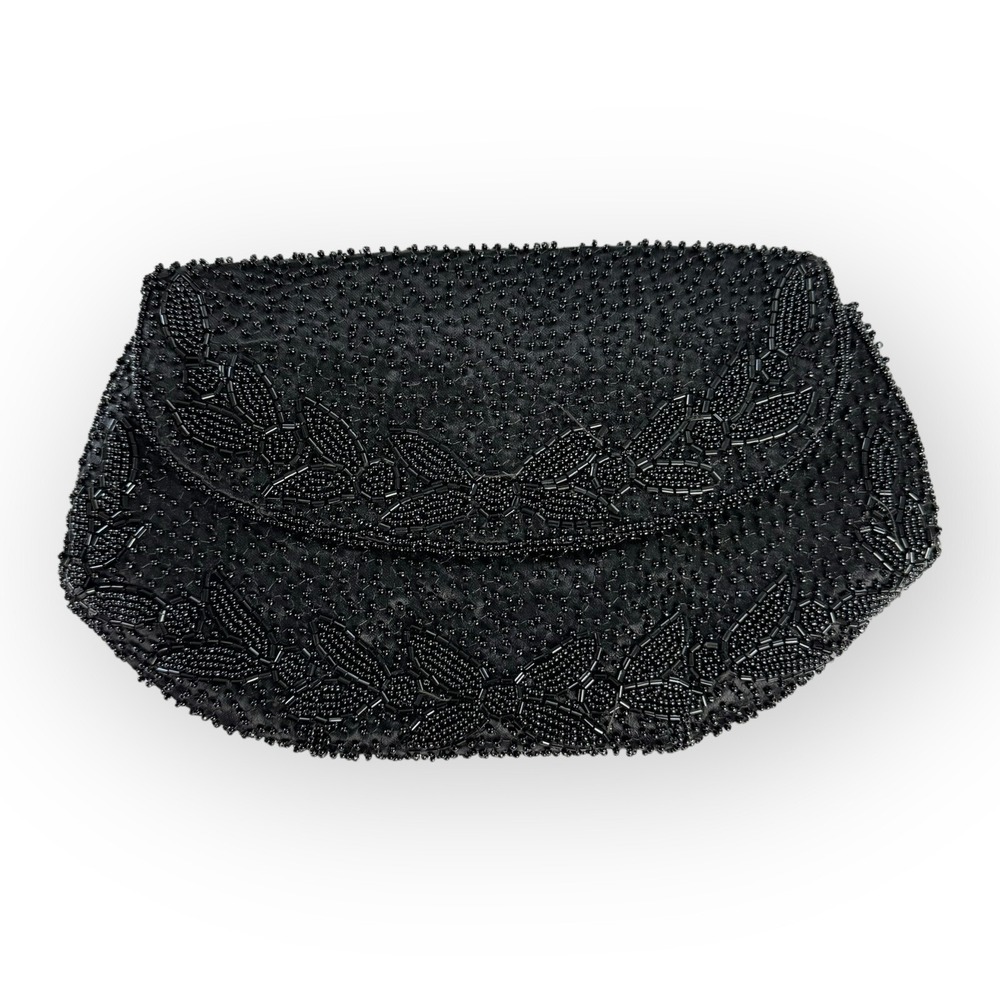 Michel Swiss Paris Vintage Black Beaded Floral Evening Clutch Bag Made in France